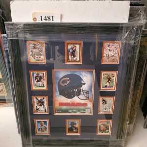 FRAMED MEMORABILIA OF THE BEARS FOOTBALL CARDS (23.5X28)