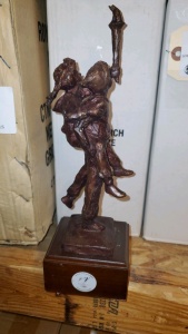 LOT OF 6 11.5” BRONZE STATUES WITH WOOD BASE “THE TORCH”