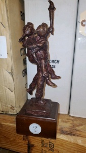 LOT OF 6 11.5” BRONZE STATUES WITH WOOD BASE “THE TORCH”