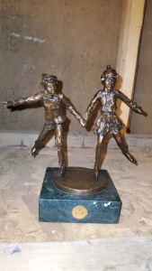 LOT OF 5 8” BRONZE STATUE WITH STONE BASE “TOGETHER ON THE GLASS”