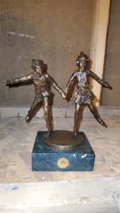 LOT OF 5 8” BRONZE STATUE WITH STONE BASE “TOGETHER ON THE GLASS”