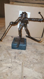 LOT OF 6 8” BRONZE STATUE WITH STONE BASE “CHRISTMAS SKIS”