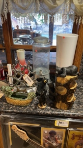 LOT OF ASSORTED VASES, WINE BOTTLE HOLDERS AND A HAMPTON DRINK DISPENSER