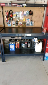 47 INCH WORK BENCH WITH 3 1/2 INCH VISE PLUS TOOLS AND PARTS