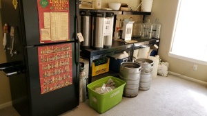 LOT OF BEER BREWING EQUIPMENT WITH FRIDGE KEGERATOR, NO WORK BENCH