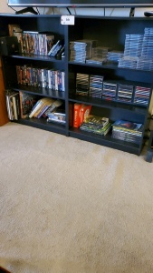 LOT OF ASSORTED MOVIES, CD, BOOKS INCLUDES CABINET