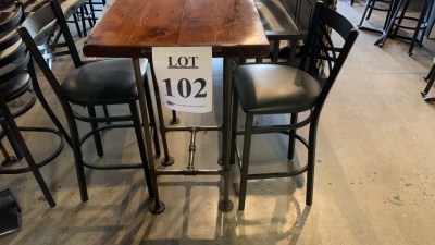 1920 Douglas fir bar table with pipe legs, 24‚Äù inches x 26.5‚Äù inches x 42‚Äù height, with (2) black bar stools