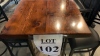 1920 Douglas fir bar table with pipe legs, 24‚Äù inches x 26.5‚Äù inches x 42‚Äù height, with (2) black bar stools - 2