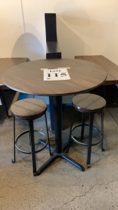 36‚Äù inch Round bar table with metal base and (2) bar stools wood top/metal base