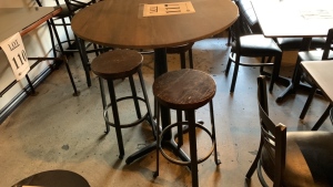 36‚Äù inch Round bar table with metal base and (3) bar stools wood top/metal base