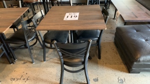 Square table with metal base and (4) black metal chairs, 36‚Äù inch x 36‚Äù inch