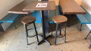 Square table with metal base and (2) bar stools wood top/metal legs, 23‚Äù inch x 23‚Äù inch