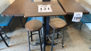 Square table with metal base and (2) bar stools wood top/metal legs, 23‚Äù inch x 23‚Äù inch