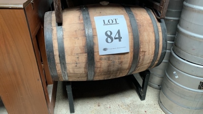 Lot (2) wood barrels with unfermented beer and metal stand