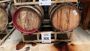 Lot (2) wood barrels with unfermented beer and metal stand