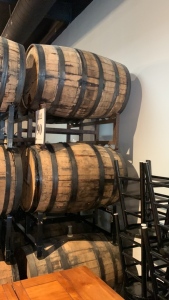 Lot (6) wood barrels with unfermented beer and (3) metal stand