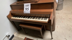 Harrington upright piano with bench, Brocken note stand