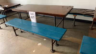 1920 Douglas fir table with pipe legs, 66‚Äù inches x 27‚Äù inches x 29‚Äù height, with (1) wood bench with pipe legs 66‚Äù inch x 14.5‚Äù x 18‚Äù height, and (1) wood bench with pipe legs 87.5‚Äù inches, 18.5‚Äù x 18‚Äù height