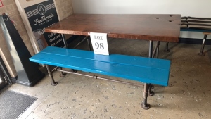 1920 Douglas fir table with pipe legs, 66‚Äù inches x 27‚Äù inches x 29‚Äù height, with (1) wood bench with pipe legs 66‚Äù inch x 14.5‚Äù x 18‚Äù height, and (1) wood bench with pipe legs 87.5‚Äù inches, 18.5‚Äù x 18‚Äù height