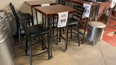 1920 Douglas fir bar table with pipe legs, 24‚Äù inches x 26.5‚Äù inches x 42‚Äù height, with (2) black bar stools