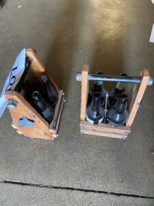 (2) WOODEN BEER BOTTLE CADDY W/ OPENER