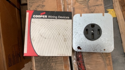 LOT OF (75) COOPER SINGLE RECEPTACLES ON 4 11/16" STEEL COVER MODEL:1168-BOX & (200) COOPER POWER PLUGS MODEL: S80-SP