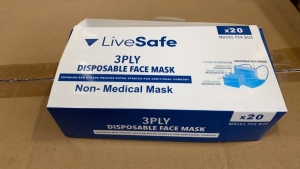 LOT (1920 BOXES OF 20) LIVESAFE DISPOSABLE FACE MASKS NON WOVEN 3 PLY