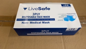 LOT (1920 BOXES OF 20) LIVESAFE DISPOSABLE FACE MASKS NON WOVEN 3 PLY