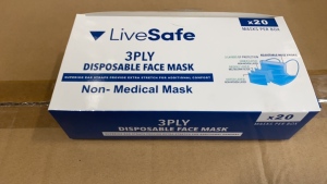 LOT (1920 BOXES OF 20) LIVESAFE DISPOSABLE FACE MASKS NON WOVEN 3 PLY