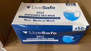 LOT (1440 BOXES OF 50) LIVESAFE DISPOSABLE FACE MASKS NON WOVEN 3 PLY