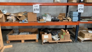 LOT OF ASSTD PARTS: GUAGES, HORNS, SIGNAL AND CONTROL CABLE INLINE KIT, LOCKWIRE, SHELF CANTLEVER, DUST SEAL, COOPER WAL-LITE WALL MOUNT & VENTILLATION FAN/LIGHT