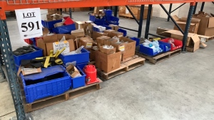 LOT OF (7 PALLETS) ASSTD PARTS: CLAMPS, REEL DRUM ASSEMBLY, IN PORTS, BREAKERS, HOUR METERS, FUSE BLOCKS