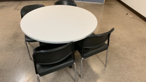 LOT OF (5) 42" ROUND TABLES WITH (16) CHAIRS, (1) RECTANGLE TABLE 60" X 18" X 28" (1) WATER DISPENSER & (1) MICROWAVE (WAREHOUSE BREAK ROOM)