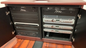 AUDIO EQUIPTMENT CABINET WITH (1) CRESTRON DMPS-300-C, (1) CRESTRON CP3N, (1) CISCO C40, SURGEX SX-1115, EXTRON XPA2001, CLEAR ONE CONVERGE PRO 880TA, CLEAR ONE CONVERGE 8I , CLEAR ONE CONVERGE VH20 & CRESTRON TPMC-9-B