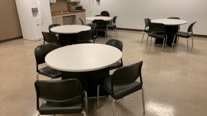 LOT OF (4) 42” ROUND TABLES (16) CHAIRS, WHIRLPOOL FRIDGE (NOT WORKING) & MICROWAVE