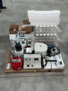 Pallet of Lab Equipment & Pallet Lab Supplies Shaker, Scale, Tobias Transmission Densitometer and other items