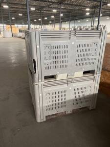 Misc Totes 7 ea- 40"W x 48"D x 24"T - wooden totes with screen bottom 2 ea- 48"W x 45"D x 30.5"T - plastic totes with slotted sides and bottom