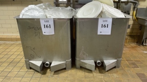 (2) HEAVY DUTY STAINLESS STEEL TOTES WITH DRAIN 51 1/2" X 38 3/4" X 41" (HAVE LEAKS NEED WELDING) (COOKING AREA)