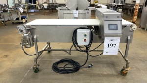 ADVANCE MODEL PROSCAN ST II METAL DETECTOR WITH TOUCHSCREEN AND STAINLESS STEEL 84" X 52" POWERED CONVEYOR WITH 24" PLASTIC CHAIN (MEAT CUTTING AREA)