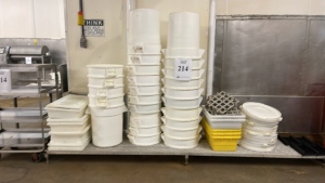 (LOT) ASSORTED INGREDIENTS BINS, CART, RACK AND CABINETS (MEAT CUTTING AREA)