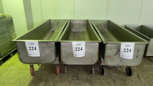 (4) STAINLESS STEEL TROUGHS WITH DRAIN APPROX.: 100" X 29" X 34" (MEAT CUTTING AREA)