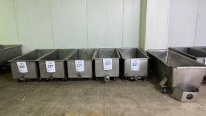 (6) STAINLESS STEEL TROUGHS WITH DRAIN APPROX.: 63" X 26" X 26" (MEAT CUTTING AREA)