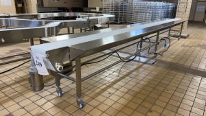 STAINLESS STEEL POWERED CONVEYOR APPROX.: 277" X 39" WITH 12" PLASTIC CHAIN, (1) MOTOR, CONTROL PANEL AND BUILT IN CHAIN WASH STATION (BAKERY 1)