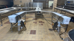 (2) STAINLESS STEEL POWERED CONVEYOR APPROX.: 183" X 39" WITH 12" PLASTIC CHAIN, (2) MOTORS, (2) CONTROL PANELS AND BUILT IN CHAIN WASH STATIONS (BAKERY 1)