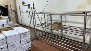 (LOT) ASSORTED STAINLESS STEEL TABLES, RACK, STAND AND STORAGE CABINETS (PIE ROOM)