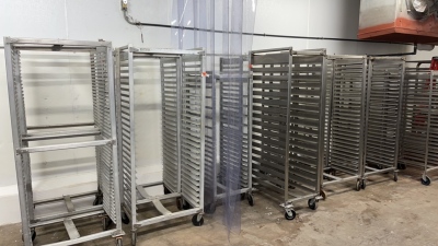 (13) ASSORTED STAINLESS STEEL AND ALUMINUM PAN RACKS (890 COOLER)