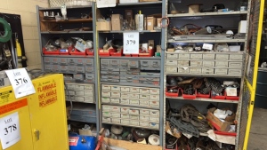 (LOT) ASSORTED CHAIN, NUTS, BOLTS, WASHERS, AIR TANKS, HARDNESS, FITTINGS, VALVES, HOSES, ELECTRICAL EQUIPMENT, ETC. (WELDING TABLE NOT INCLUDED) (MAINTENANCE SHOP)