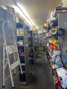 (LOT) ASSORTED NEW AND USED PARTS, VALVES, GASKETS, HOSES, CONVEYOR CHAIN, MOTORS, DRIVES, INVERTERS, BELTS, GEARS, BEARINGS, BALLASTS, FITTINGS, LIGHTING, AIR COMPRESSOR PARTS, FORKLIFT PARTS ETC. (PARTS ROOM)