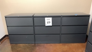 LOT OF (4) 3 DOOR LATERAL FILING CABINETS (1 MISSING KEY)