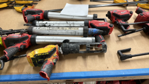 LOT OF (7) ASST'D MILWAUKEE CAULK AND ADHESIVE GUNS & (2) RYOBI ADHESIVE GUNS, (no batteries or chargers)